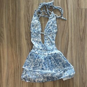 Women’s Blue & White Backless Floral Mini Dress